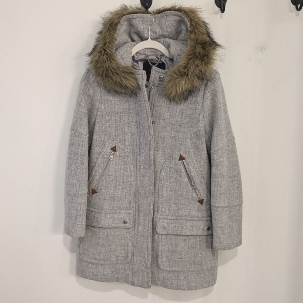 J. Crew Grey Chateau Parka Italian Stadium Cloth Nello Gori Wool Faux Fur Coat